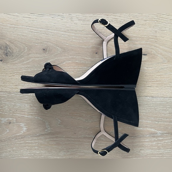 Stuart Weitzman Wedge Sandals Heels Black Suede Ankle Strap Size 8,5 (38,5) - Picture 3 of 5